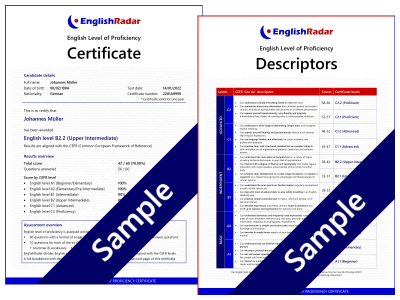 EnglishRadar • English level of proficiency certificate sample